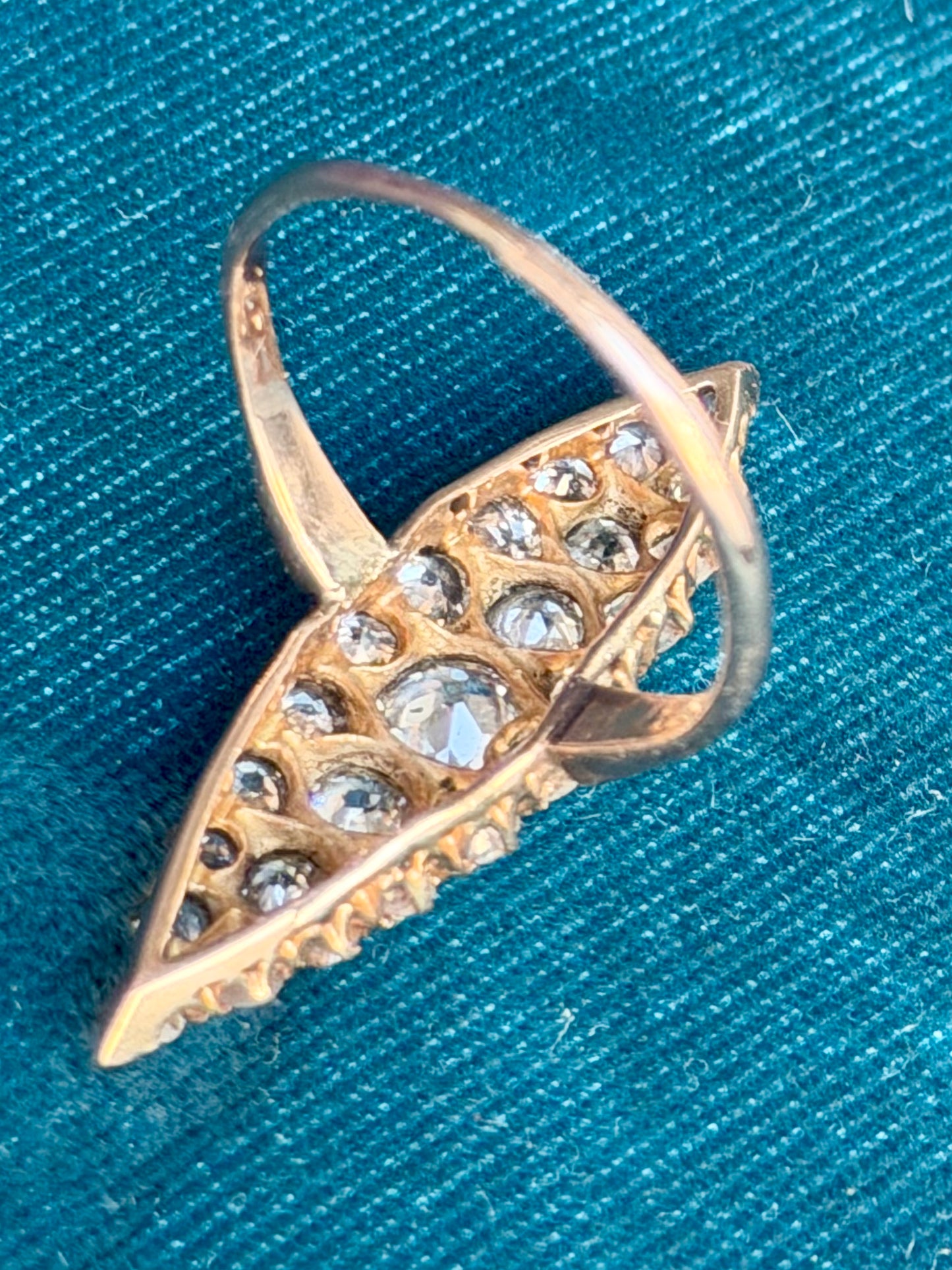 Antique French Pavé Diamond 14k Gold Navette Ring