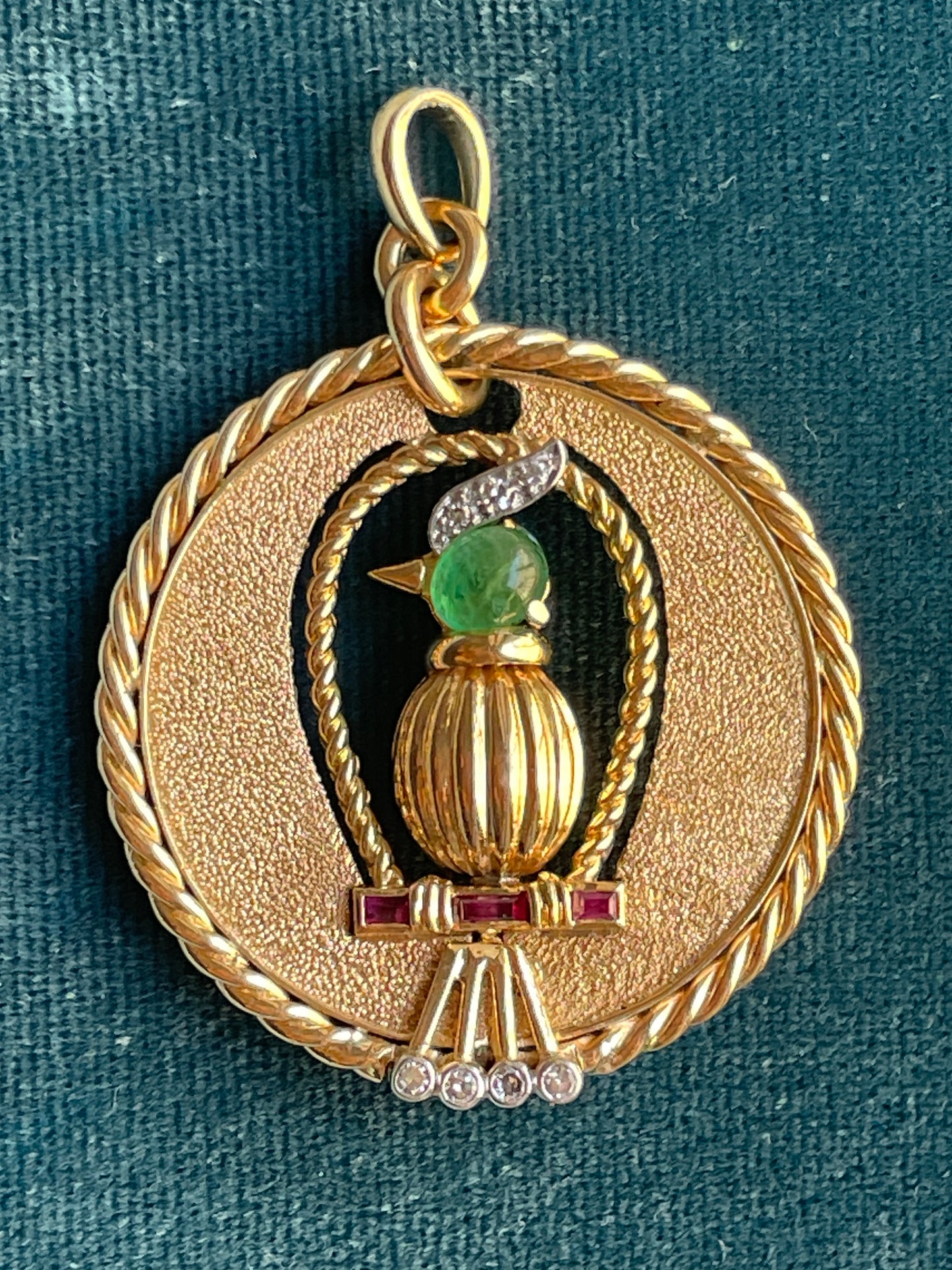 Mid-Century Bird on Perch 18k Gemstone Pendant