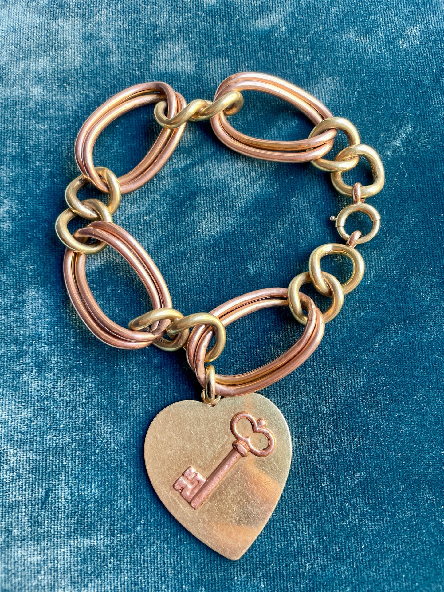 Mid-Century Heart With Key On Two-Tone 14k Gold Charm Bracelet