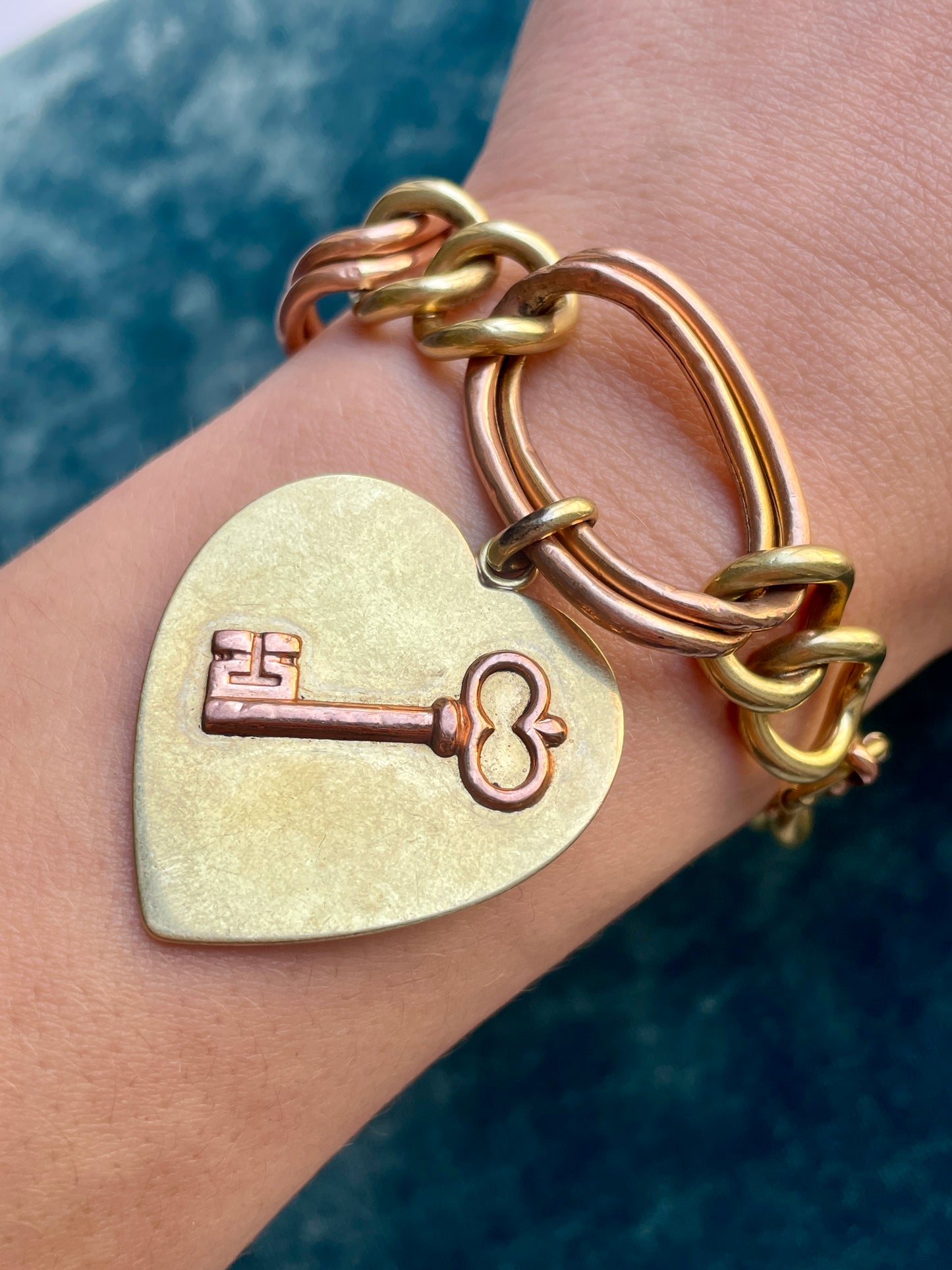 Mid-Century Heart With Key On Two-Tone 14k Gold Charm Bracelet