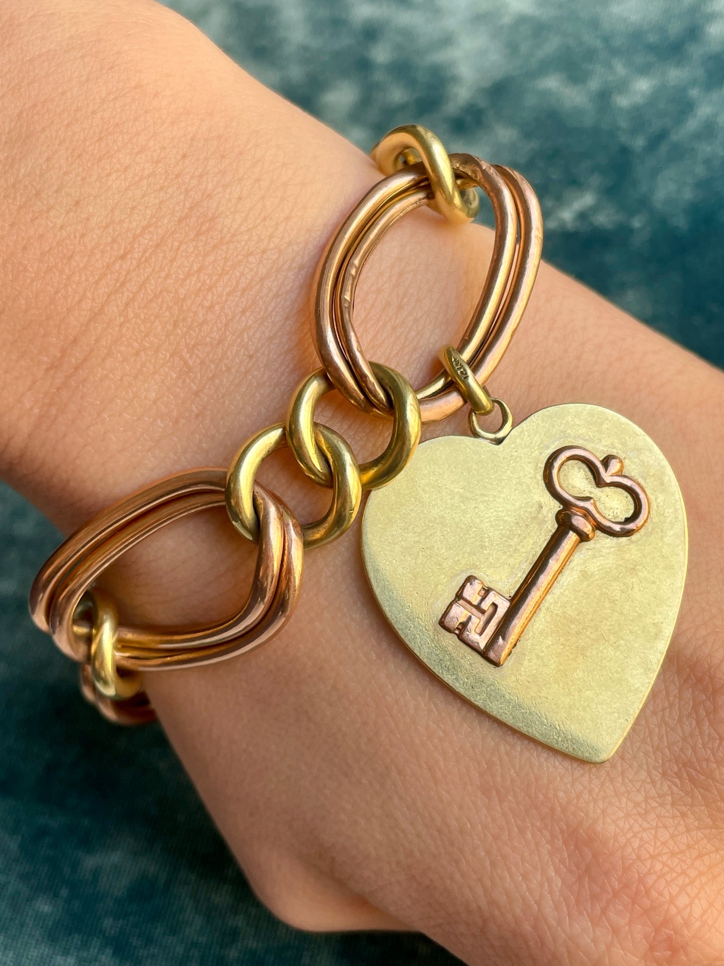 Mid-Century Heart With Key On Two-Tone 14k Gold Charm Bracelet
