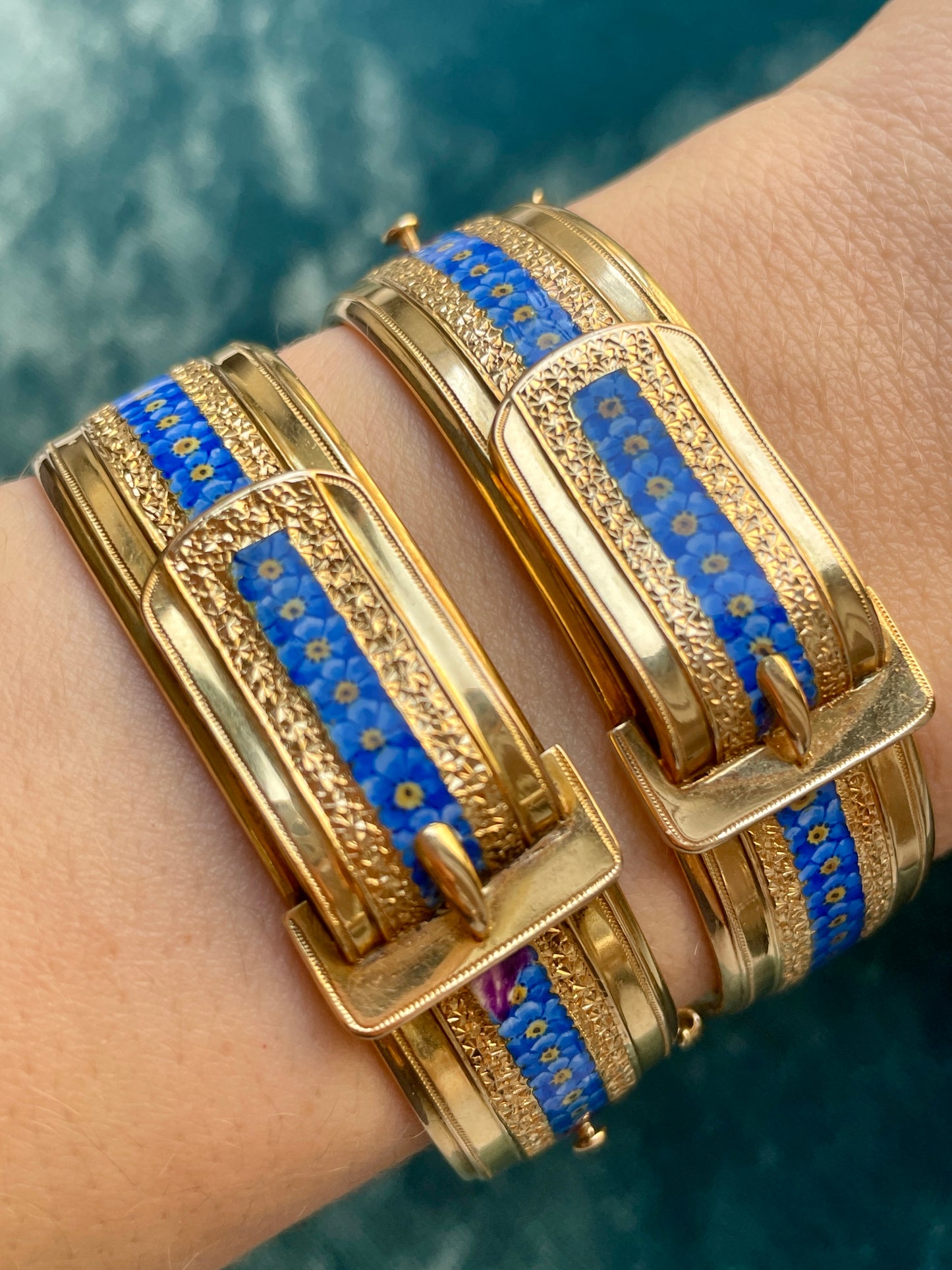 Victorian Buckle Blue Enamel 18k Gold Wedding Bangles