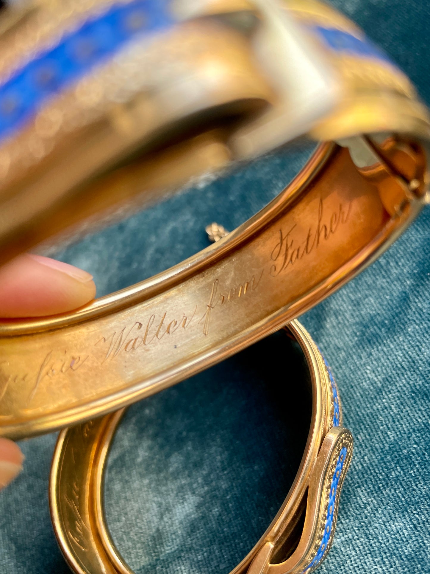 Victorian Buckle Blue Enamel 18k Gold Wedding Bangles