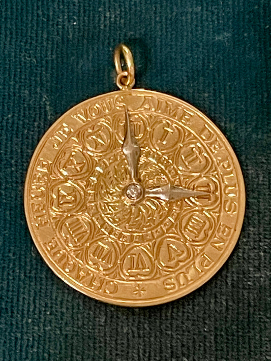 Merrin Mid-Century "Je T'Aime" Clock Diamond 14k Gold Pendant