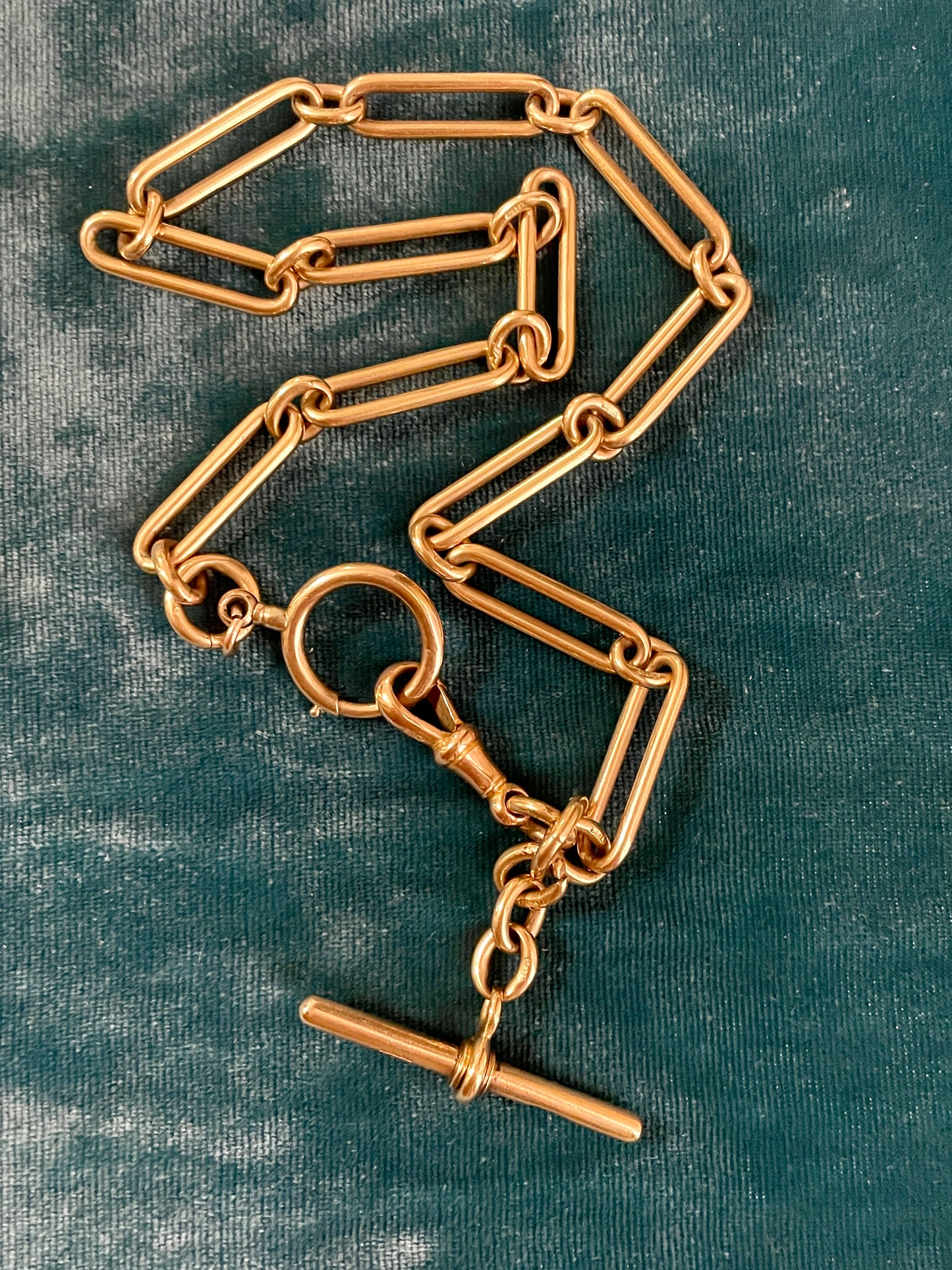 Victorian Trombone Link XL Spring Ring 9k Gold 15" Albert Watch Chain