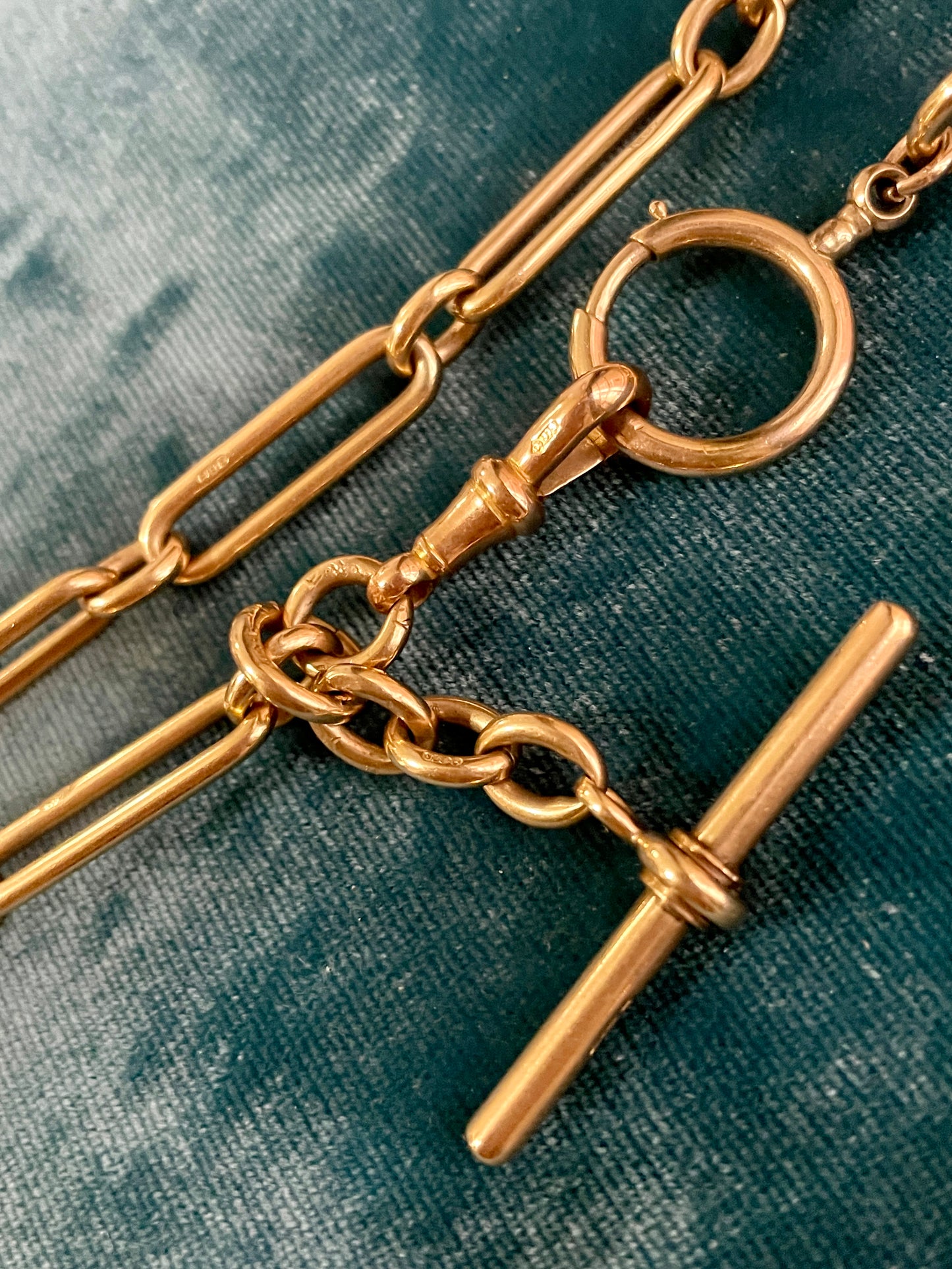 Victorian Trombone Link XL Spring Ring 9k Gold 15" Albert Watch Chain