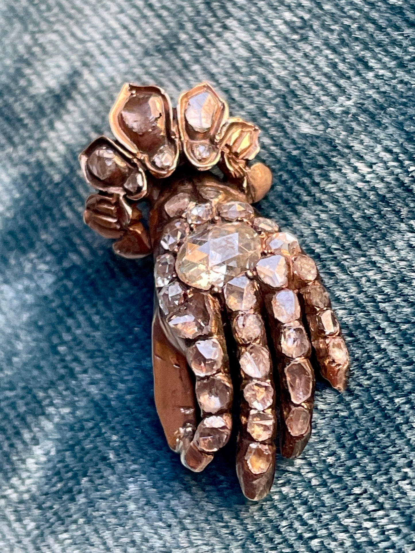 Antique Victorian Diamond Figural Hand Silver-Over-Gold Charm Holder Pendant
