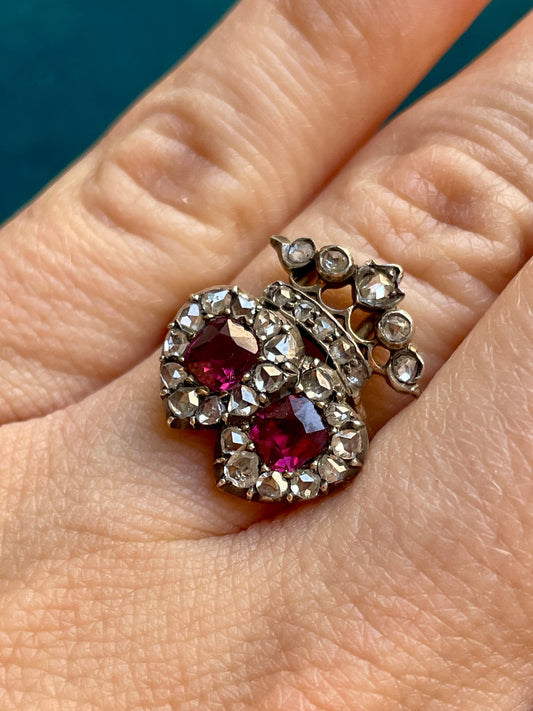 Antique Victorian Diamond and Ruby Double Heart Coronet Silver-Over-18k Gold Ring