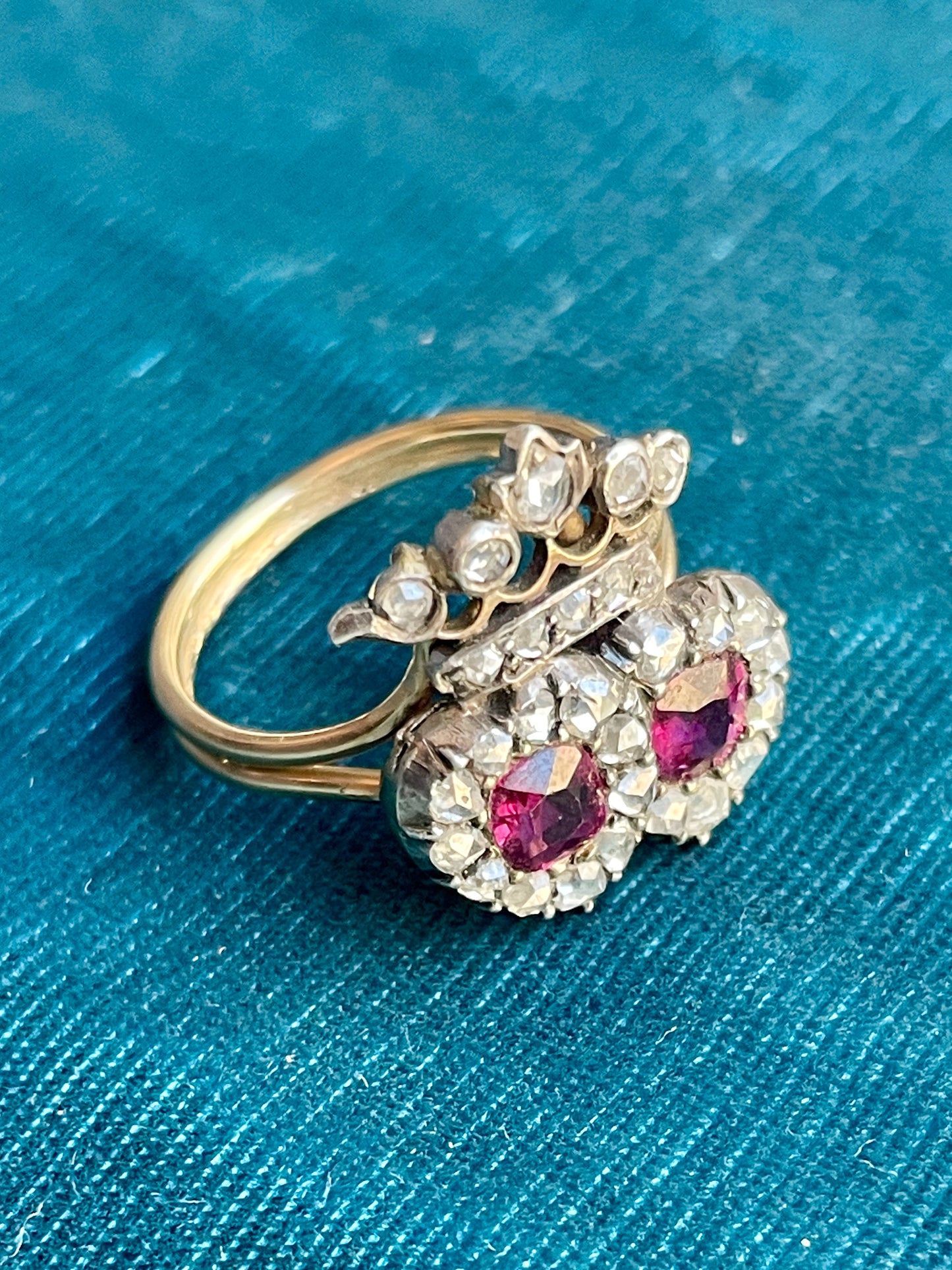 Antique Victorian Diamond and Ruby Double Heart Coronet Silver-Over-18k Gold Ring