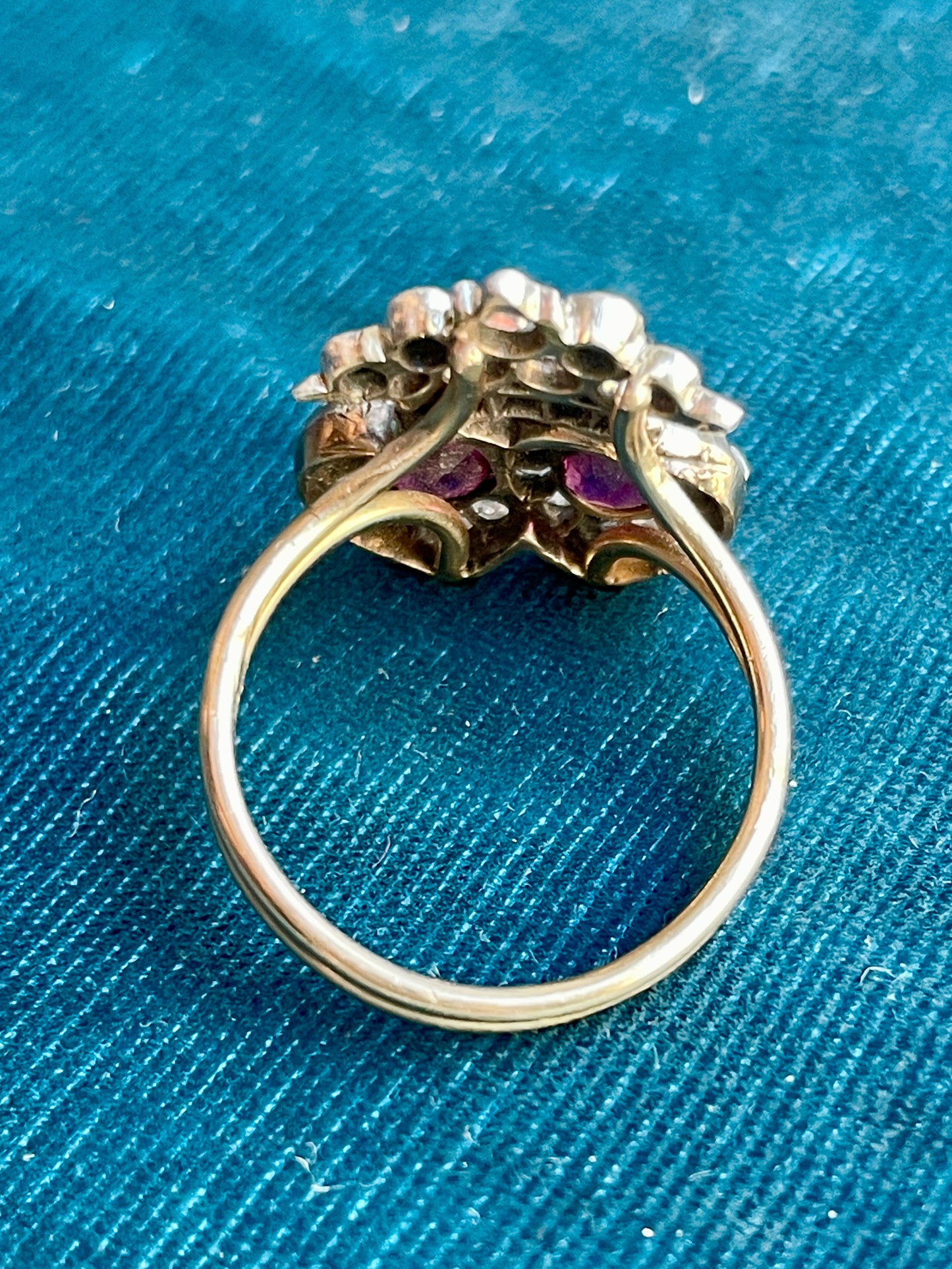 Antique Victorian Diamond and Ruby Double Heart Coronet Silver-Over-18k Gold Ring