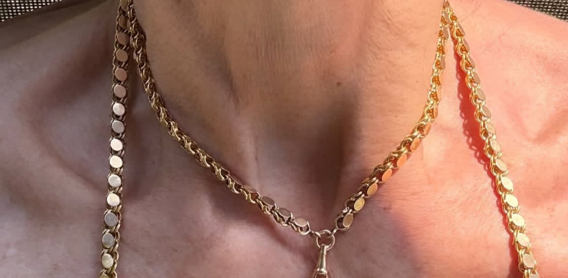 Antique English Circle Link 18k Gold 73" Long Guard Chain