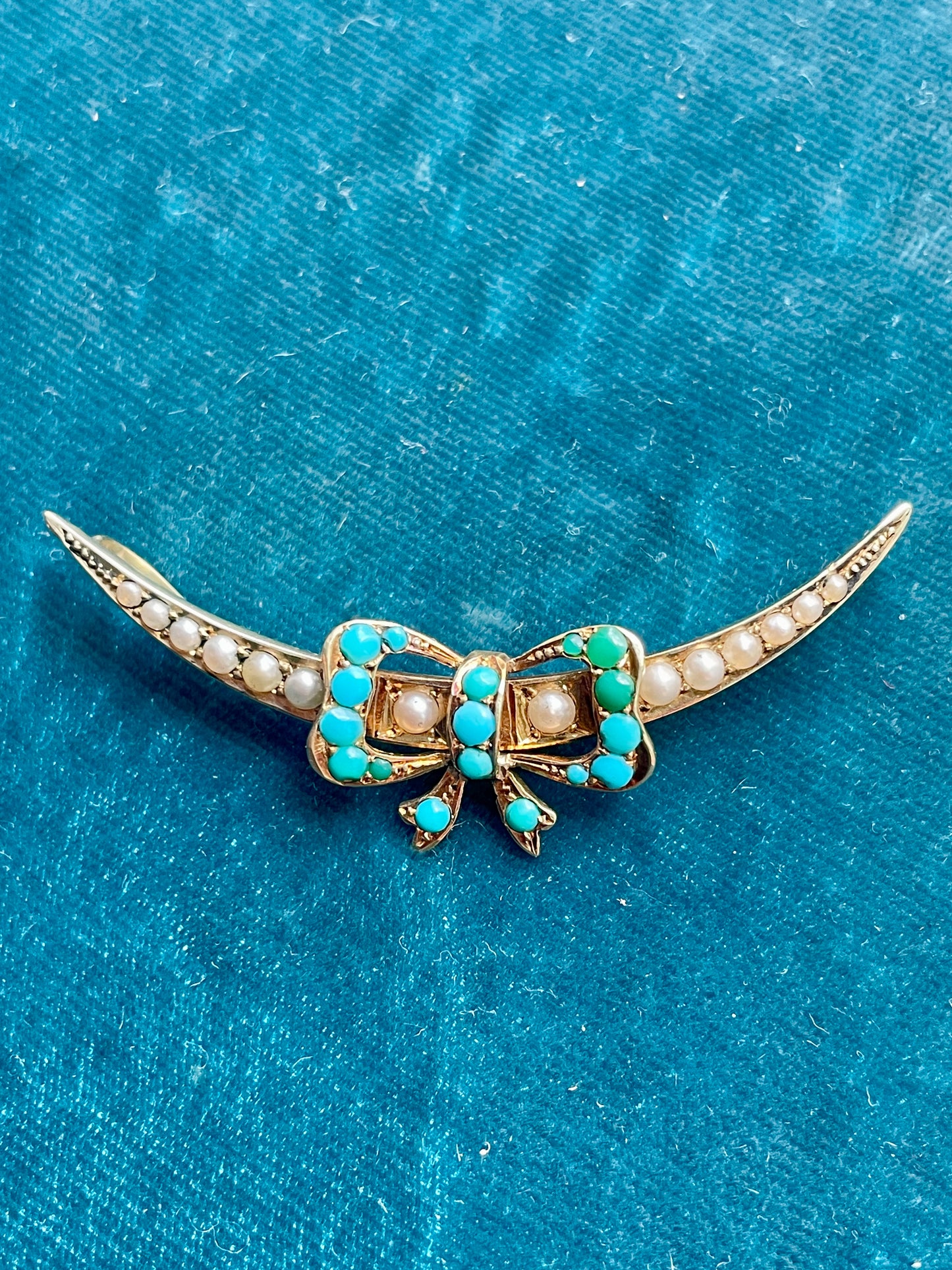Pearl Crescent Moon with Turquoise Bow 15k Gold Pendant