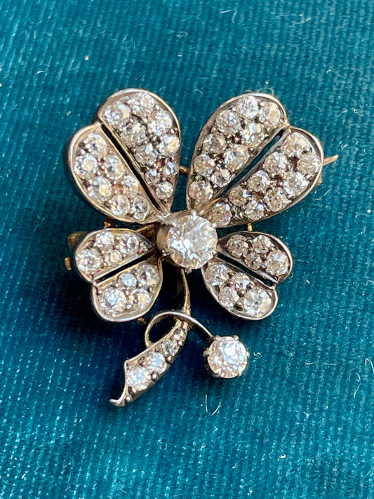 Antique Victorian Old Mine Cut Diamond Clover Brooch and Pendant