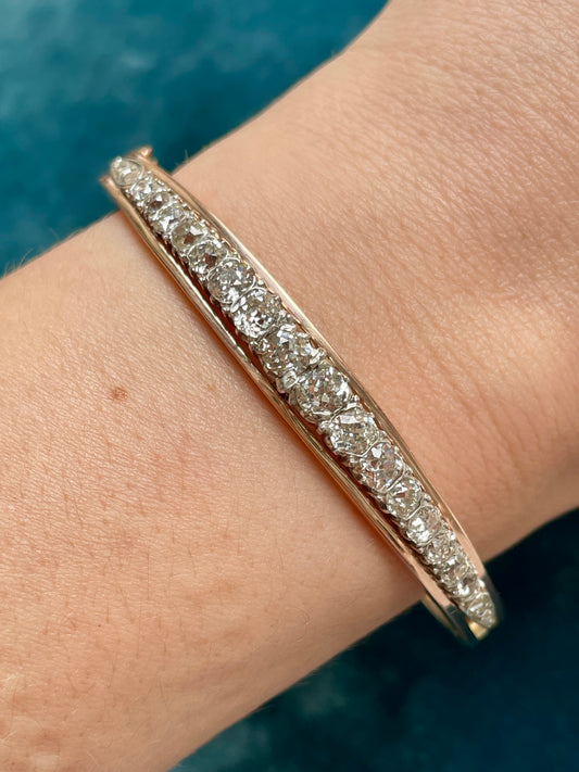 Antique French Graduated Diamond Silver-Over-18k Gold Bangle
