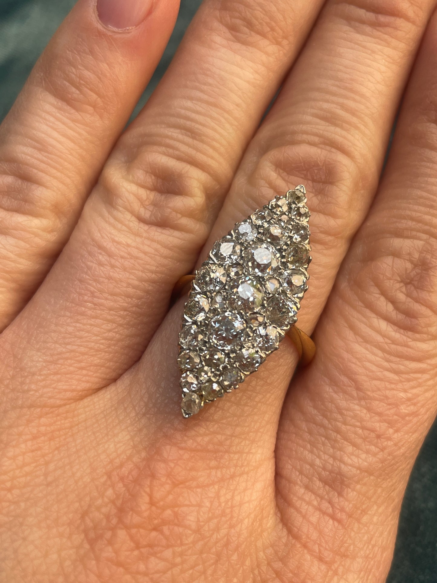 Antique French Pavé Diamond 18k Gold and Platinum Navette Ring