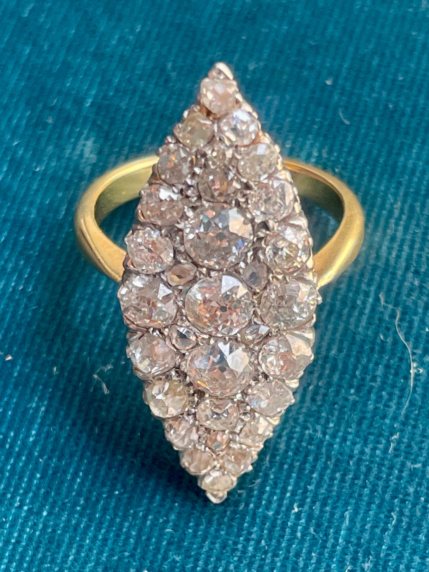 Antique French Pavé Diamond 18k Gold and Platinum Navette Ring