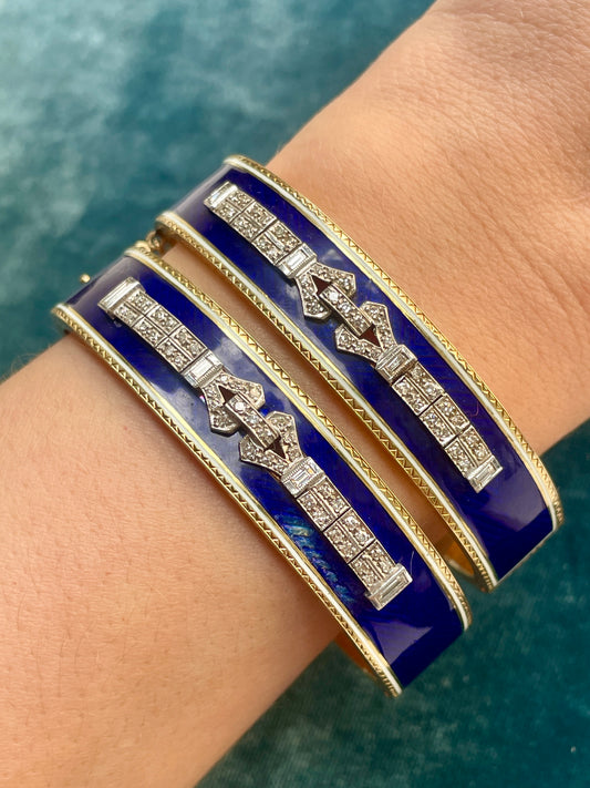 Antique Art Déco French Blue Enamel 14k Gold Wedding Bangles