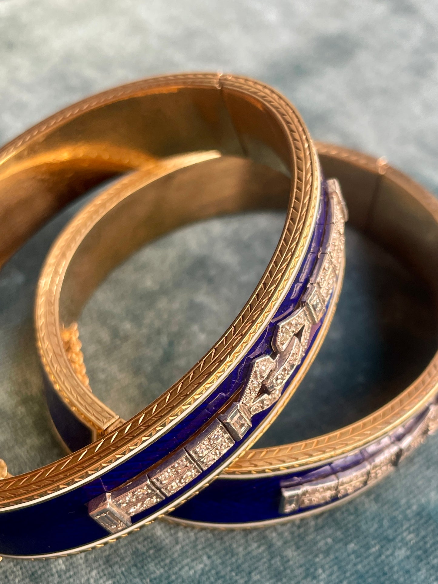 Antique Art Déco French Blue Enamel 14k Gold Wedding Bangles