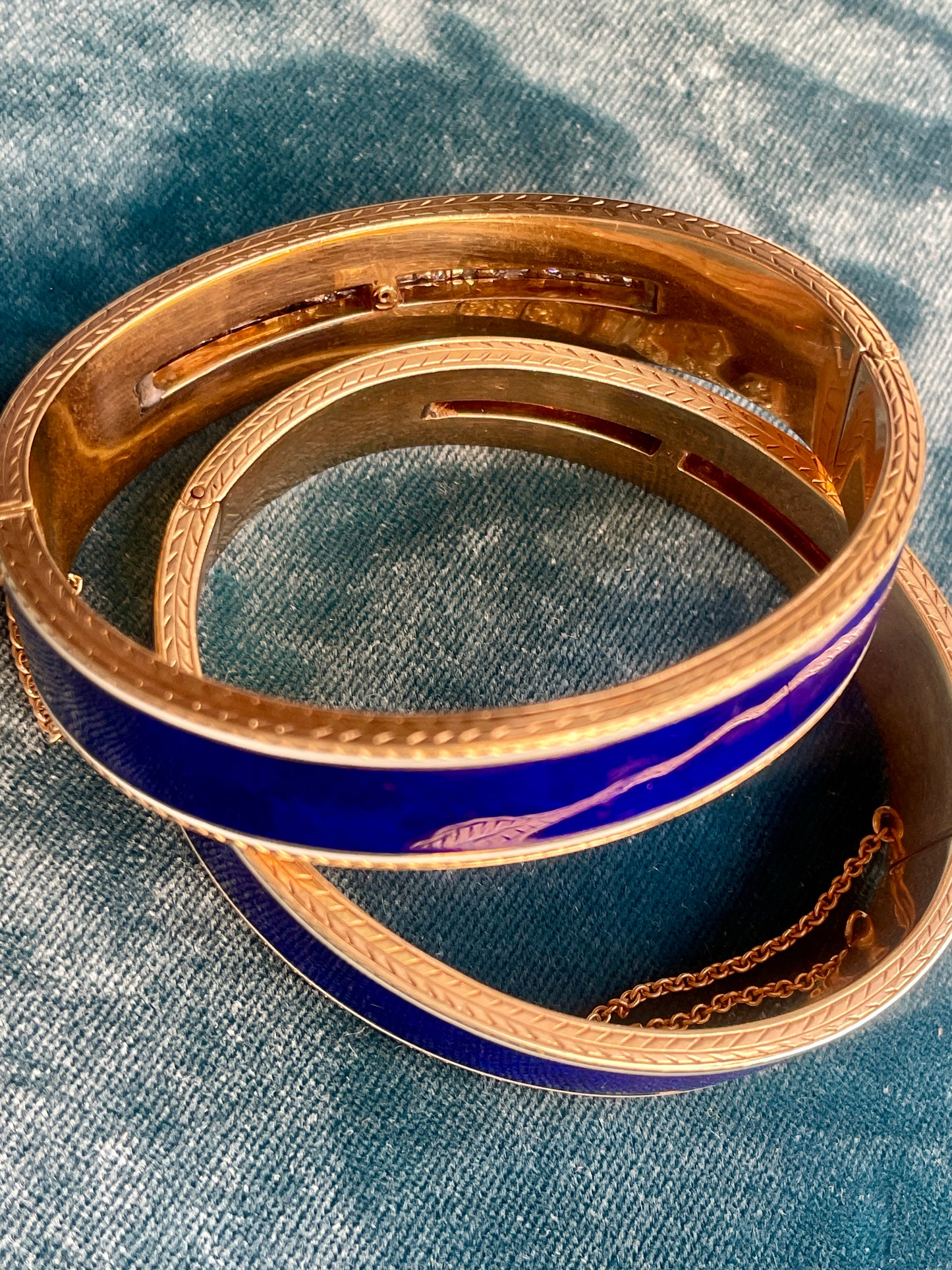 Antique Art Déco French Blue Enamel 14k Gold Wedding Bangles