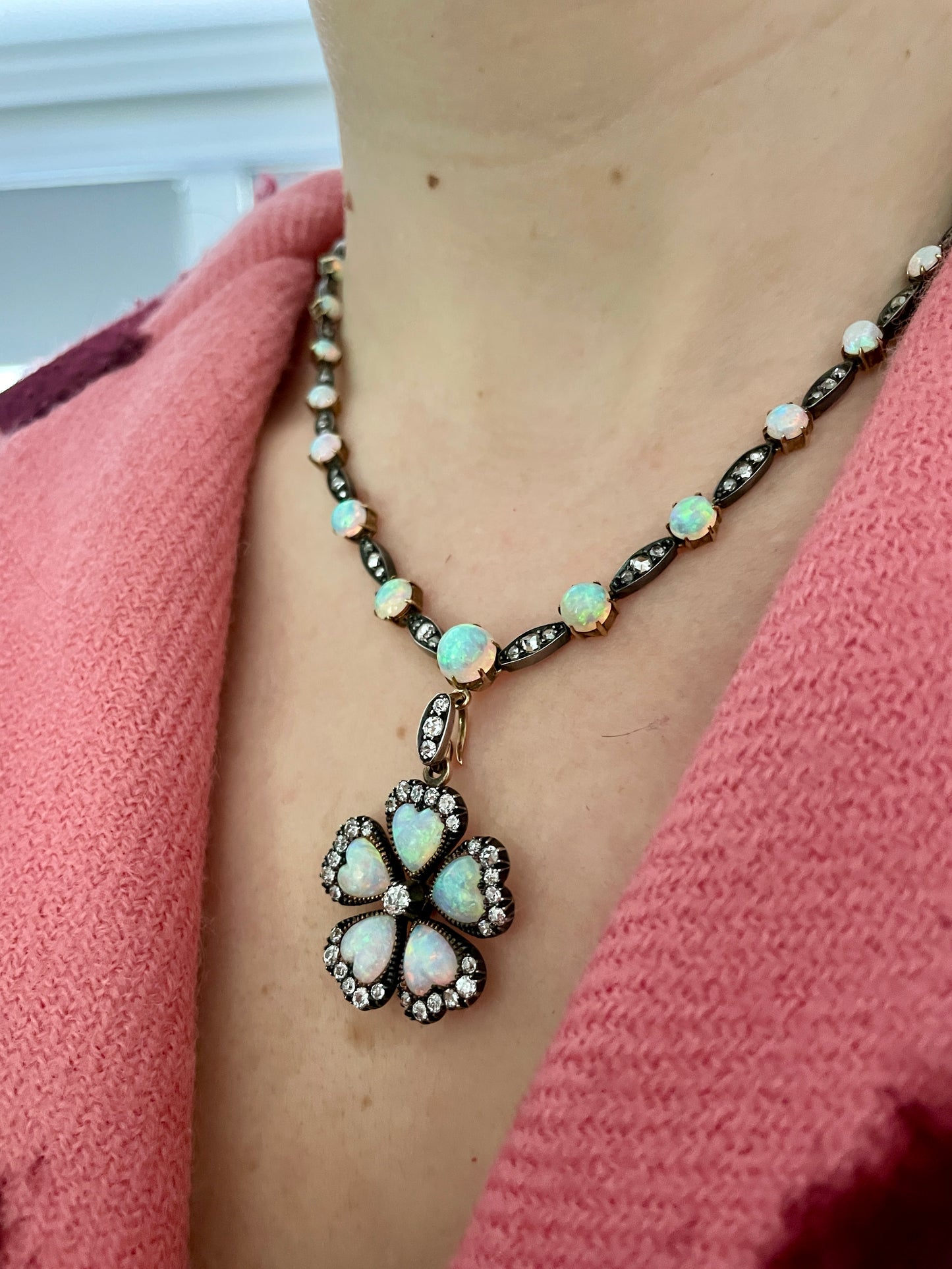Antique Victorian Diamond and Opal Silver-Over-15k-Gold Necklace & Earring Set