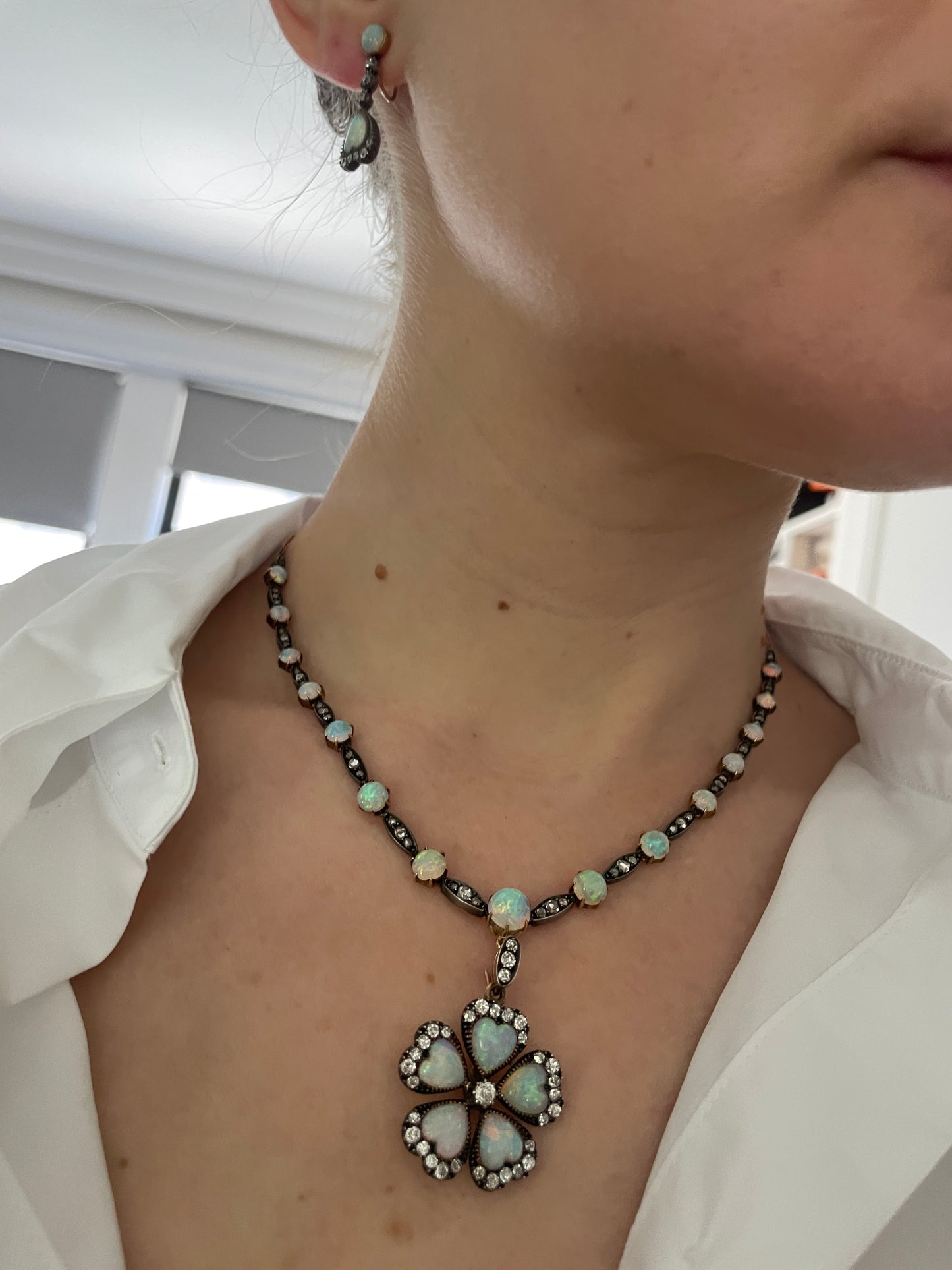 Antique Victorian Diamond and Opal Silver-Over-15k-Gold Necklace & Earring Set