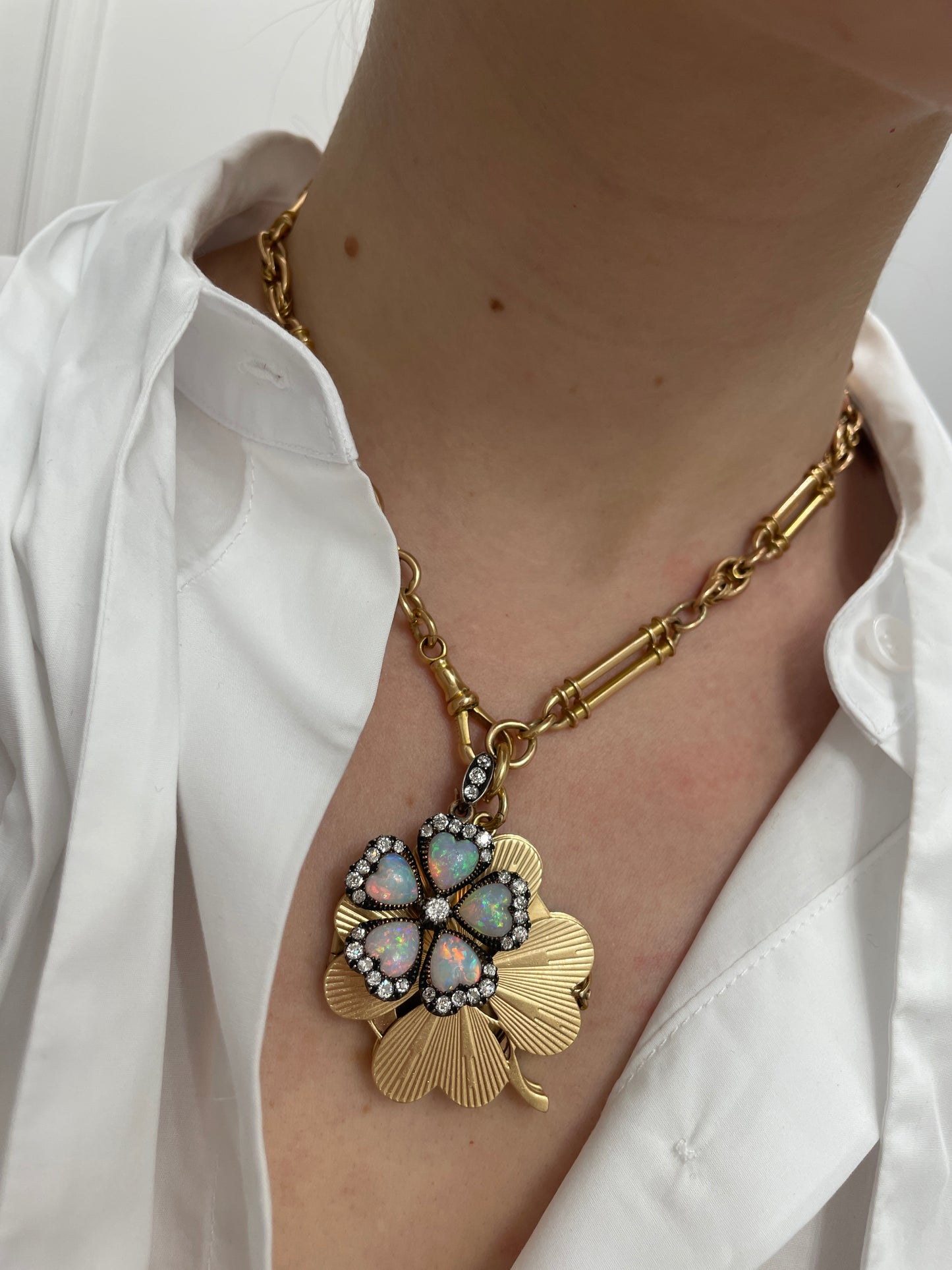 Antique Victorian Diamond and Opal Silver-Over-15k-Gold Necklace & Earring Set