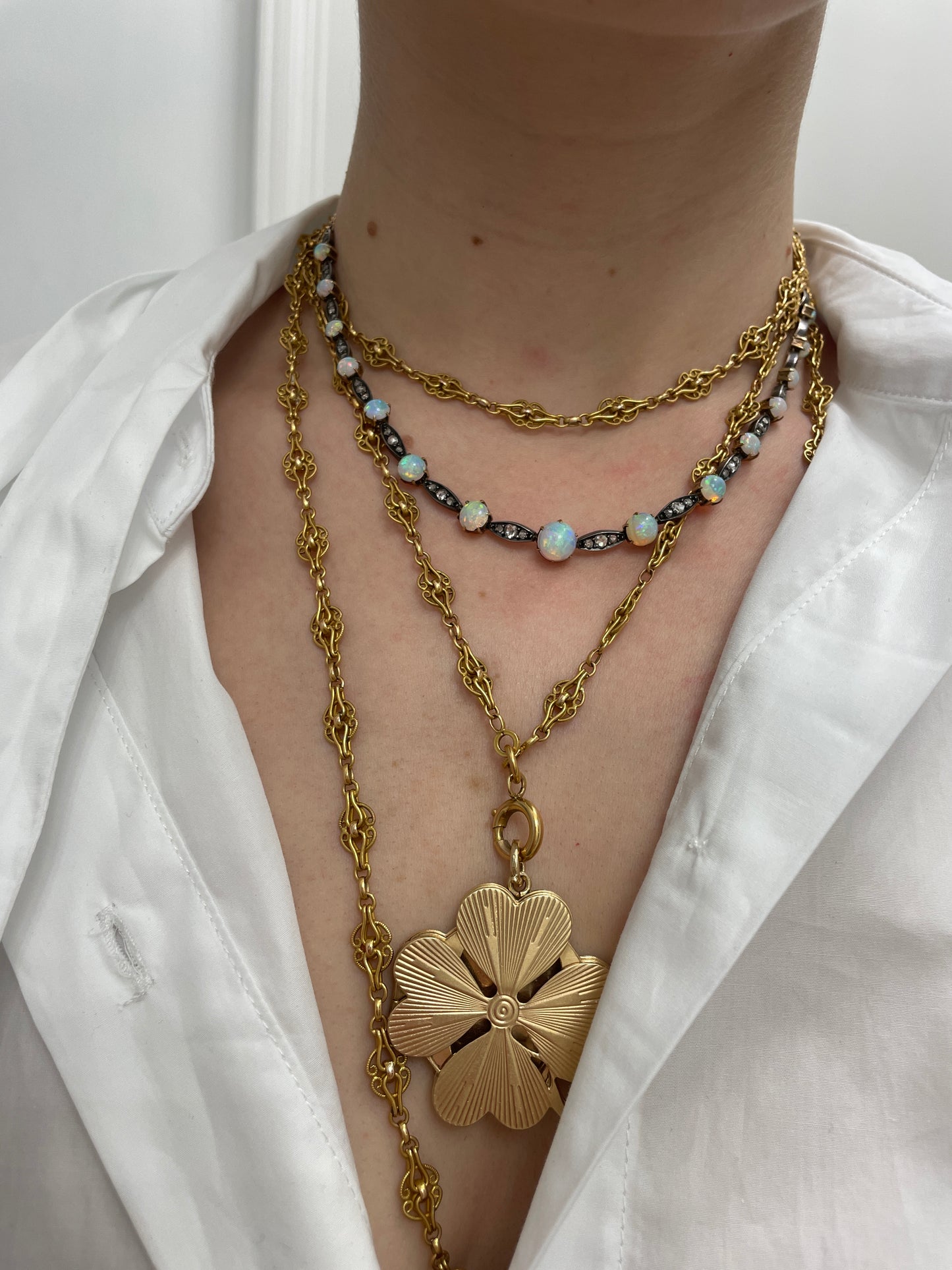 Antique Victorian Diamond and Opal Silver-Over-15k-Gold Necklace & Earring Set