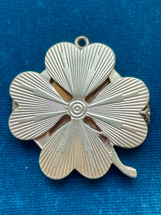 Mid-Century Engine Turned Four-Leaf Clover 14k Gold Locket