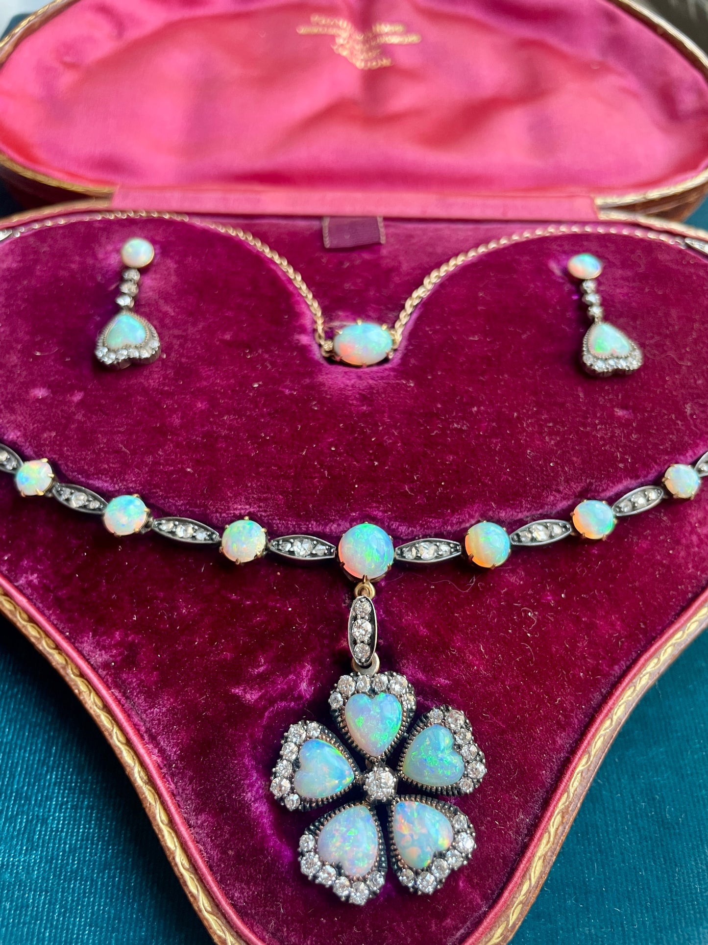 Antique Victorian Diamond and Opal Silver-Over-15k-Gold Necklace & Earring Set