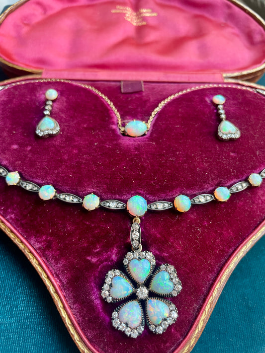 Antique Victorian Diamond and Opal Silver-Over-15k-Gold Necklace & Earring Set