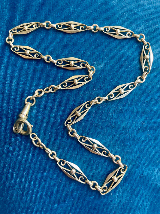 Antique Filigree Navette Link 18k Gold 16.5" Watch Chain