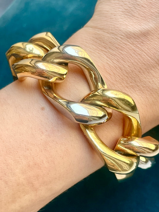 Mid-Century Modern Tri-Color Open Curb 18k Gold Bracelet