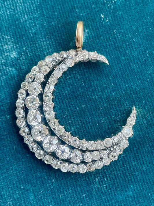 Antique Victorian Triple Row Diamond Crescent Silver-Over-18k-Gold Pendant