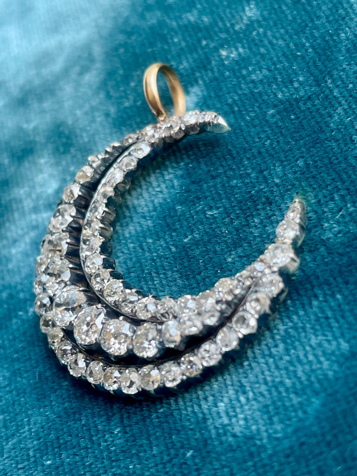 Antique Victorian Triple Row Old Cut Diamond Crescent Pendant