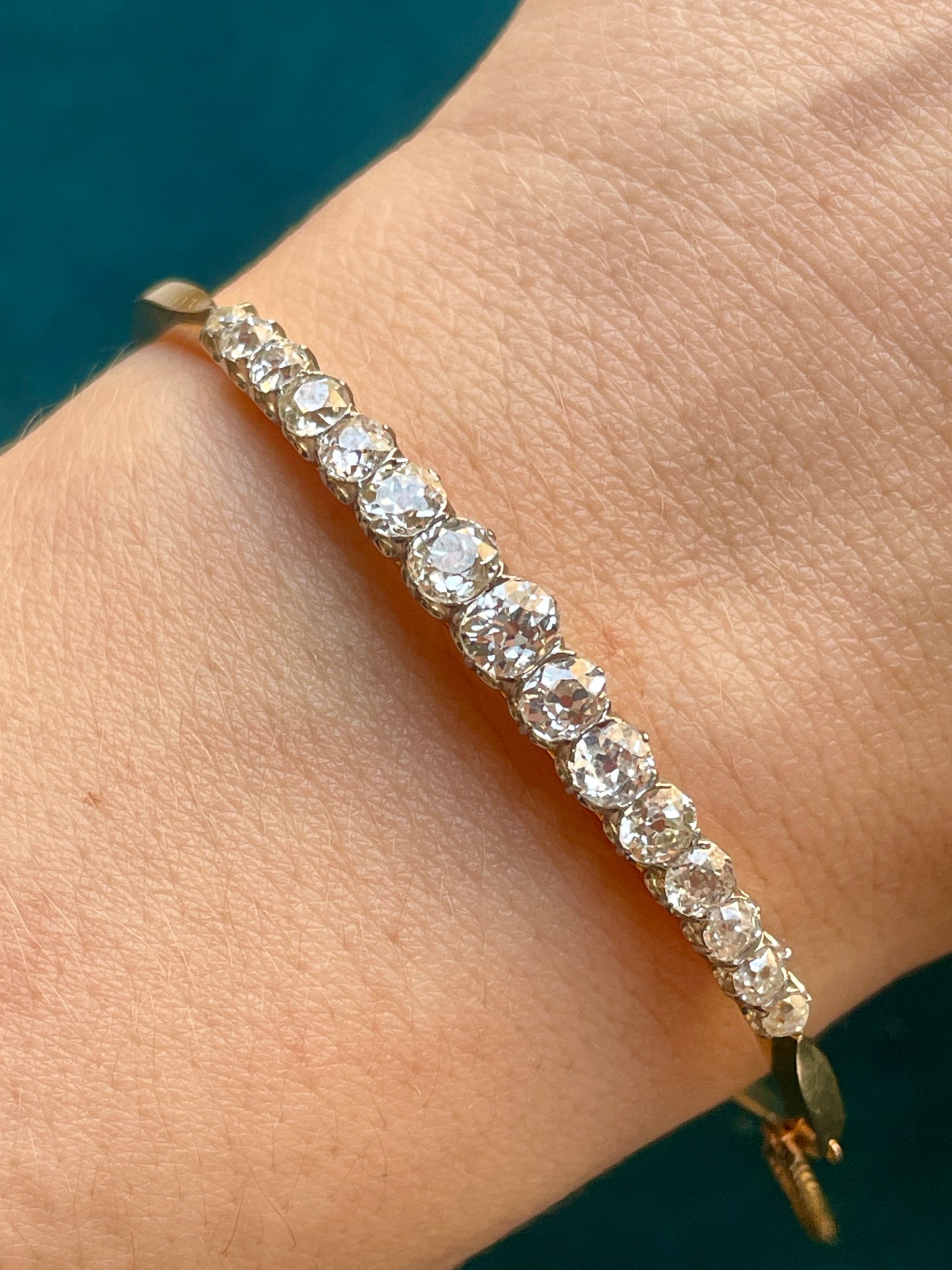 Antique French Graduated Old Mine-Cut Diamond 18k Gold Bangle