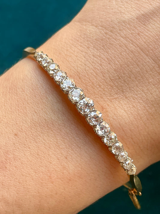 Antique French Graduated Old Mine-Cut Diamond 18k Gold Bangle