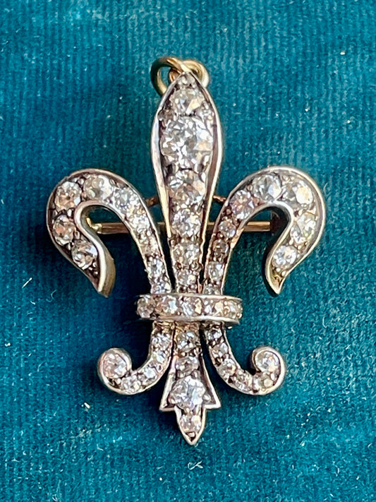 Antique French Diamond Fleur-De-Lis Silver-Over-18k-Gold Pendant and Brooch