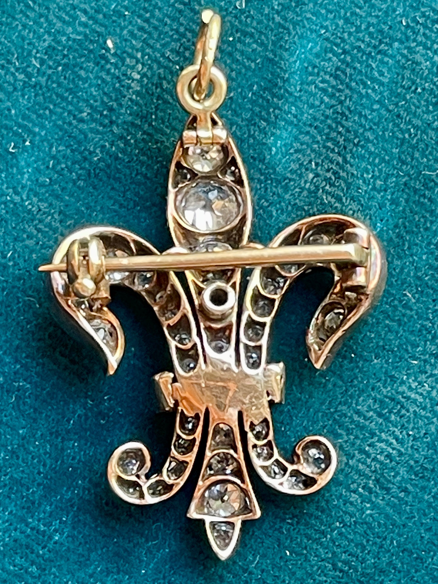 Antique French Diamond Fleur-De-Lis Silver-Over-18k-Gold Pendant and Brooch