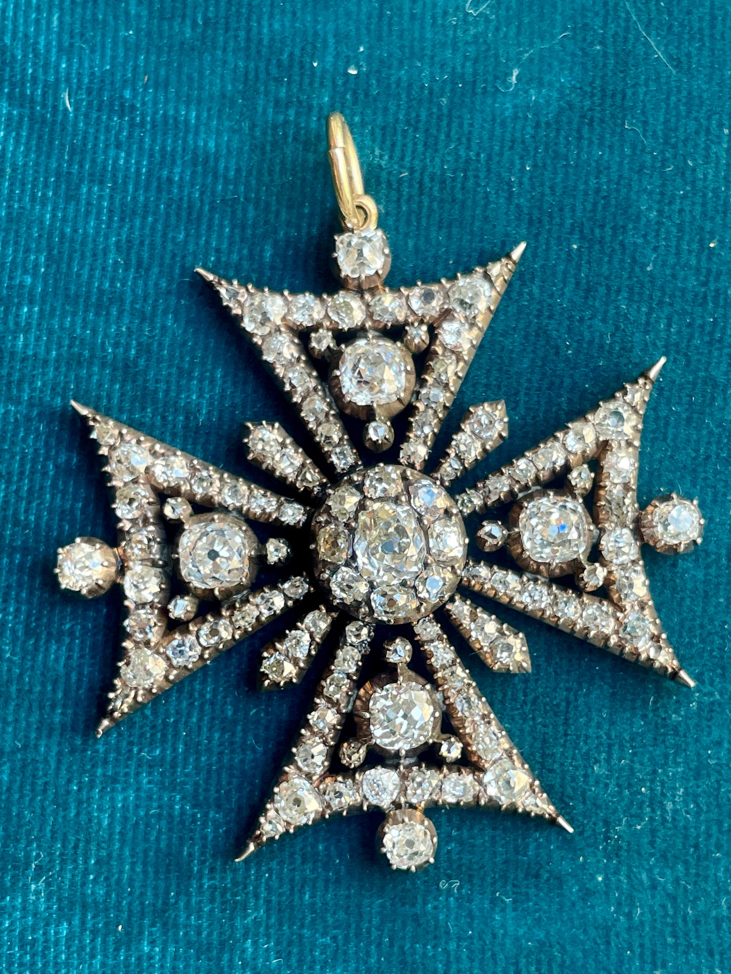 Antique Victorian Diamond Maltese Cross Silver-Over-18k Gold Pendant