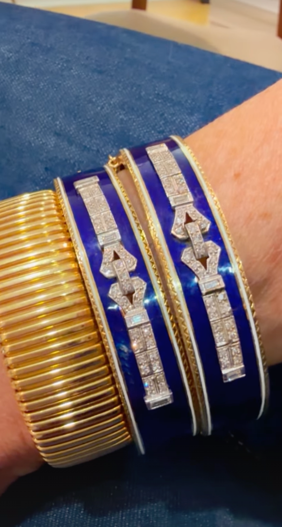 Antique Art Déco French Blue Enamel 14k Gold Wedding Bangles